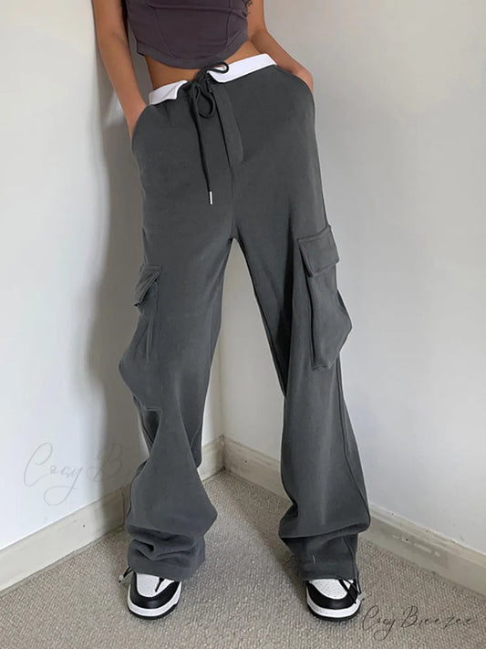 Contrast Waistband Graceful Cargo Sweatpants Grey / XS