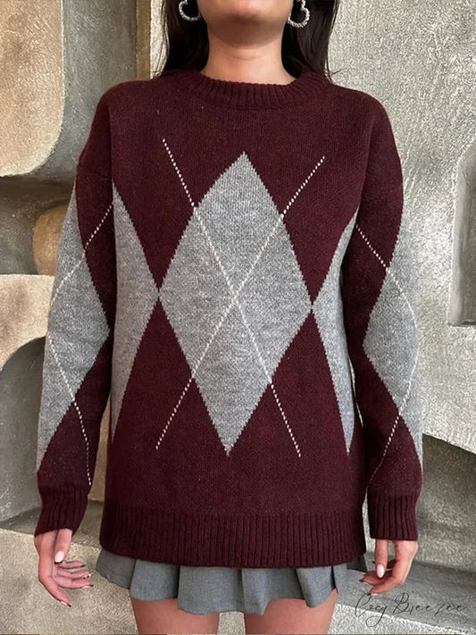 Contrasting Printed Long Sleeve Sweater swraters-241228