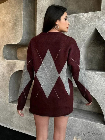 Contrasting Printed Long Sleeve Sweater swraters-241228