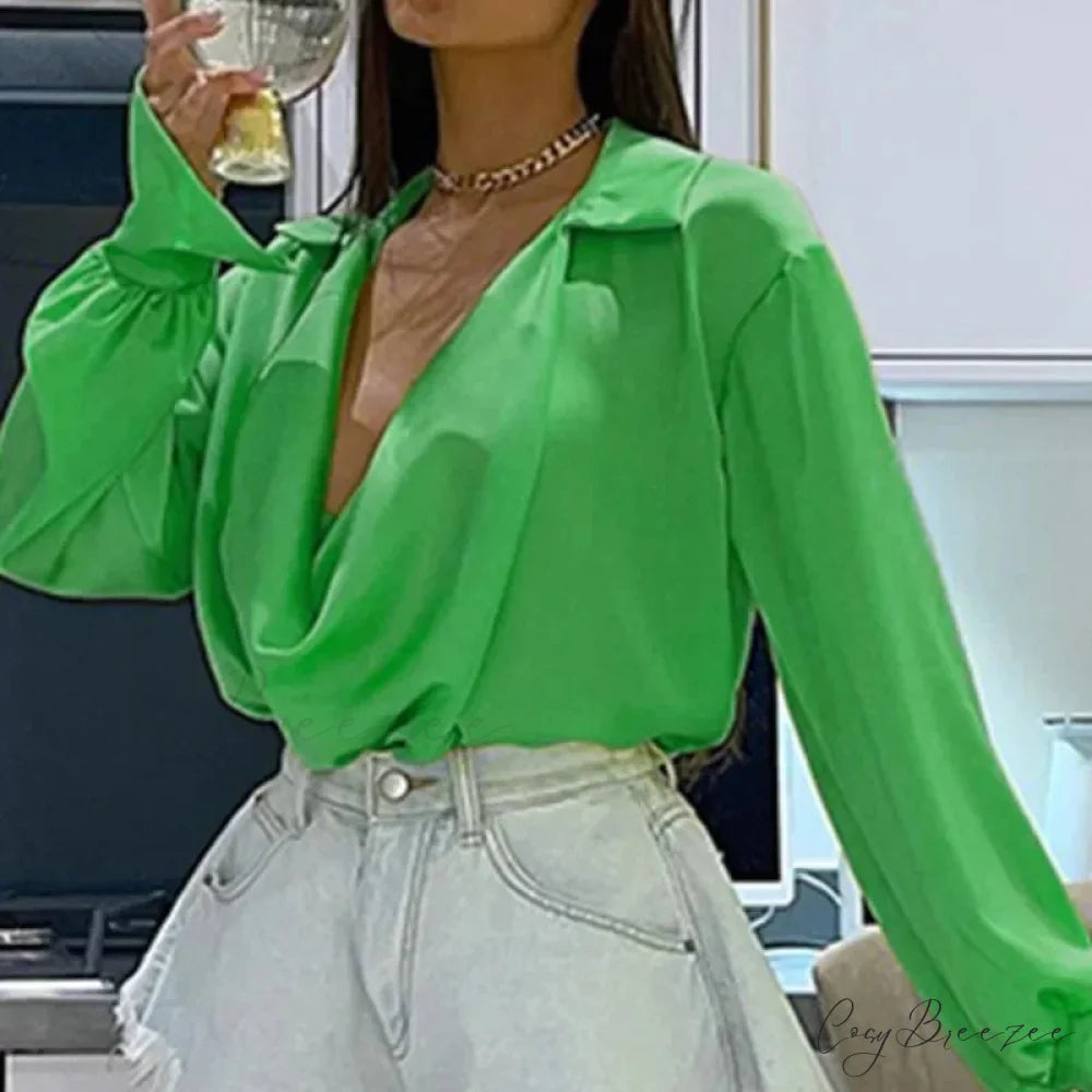 Cooling Silk Oversized Laid-back Satin Sleeve Blouse Green / S blouse-250126