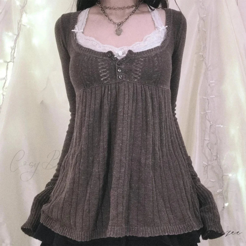 Coquette Knit Babydoll Long Sleeve Knitwear Crop Top BROWN / S knittop-250126