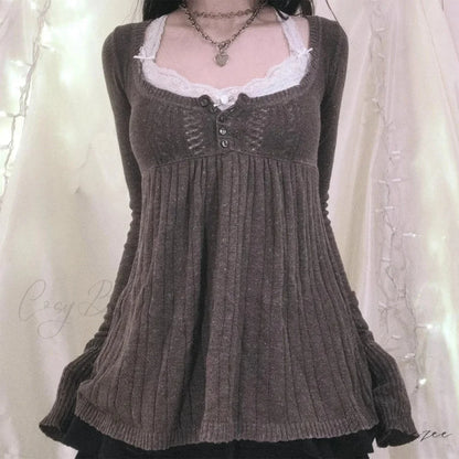 Coquette Knit Babydoll Long Sleeve Knitwear Crop Top BROWN / S knittop-250126