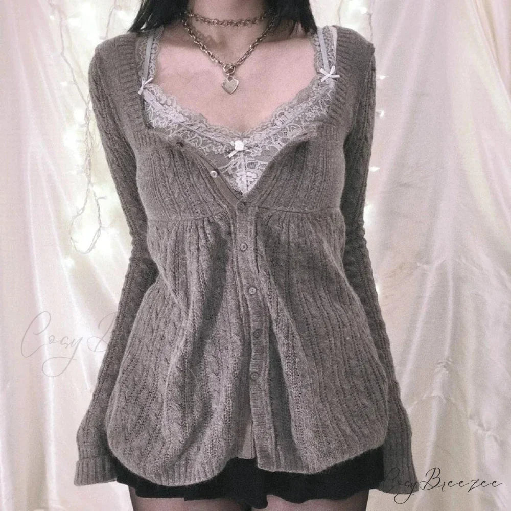 Coquette Knit Babydoll Long Sleeve Knitwear Crop Top GRAY / S knittop-250126
