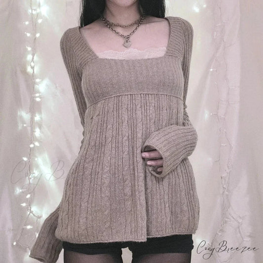 Coquette Knit Babydoll Long Sleeve Knitwear Crop Top GRAY1 / S knittop-250126