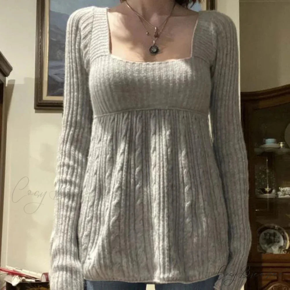Coquette Knit Babydoll Long Sleeve Knitwear Crop Top GRAY2 / S knittop-250126