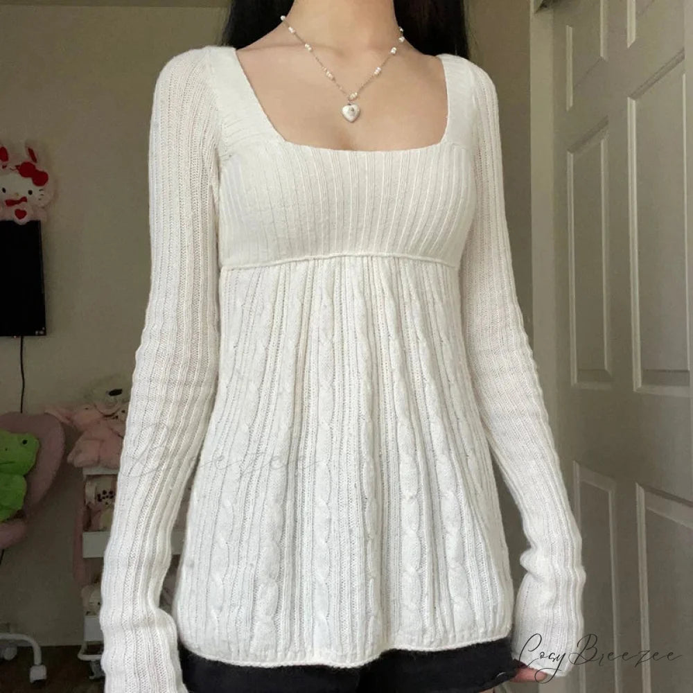 Coquette Knit Babydoll Long Sleeve Knitwear Crop Top WHITE1 / S knittop-250126