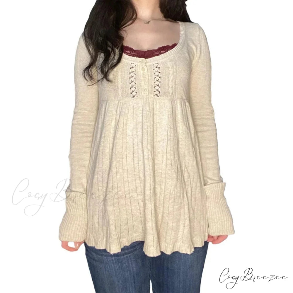 Coquette Knit Babydoll Long Sleeve Knitwear Crop Top WHITE2 / S knittop-250126