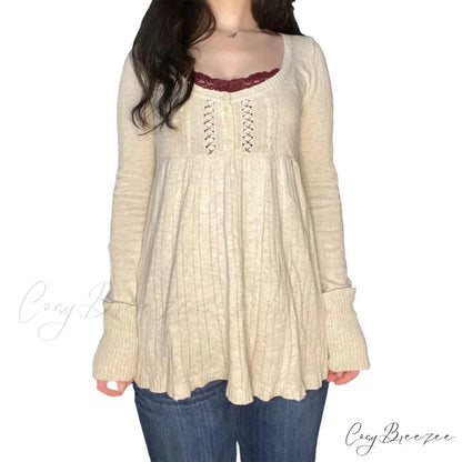 Coquette Knit Babydoll Long Sleeve Knitwear Crop Top WHITE2 / S knittop-250126