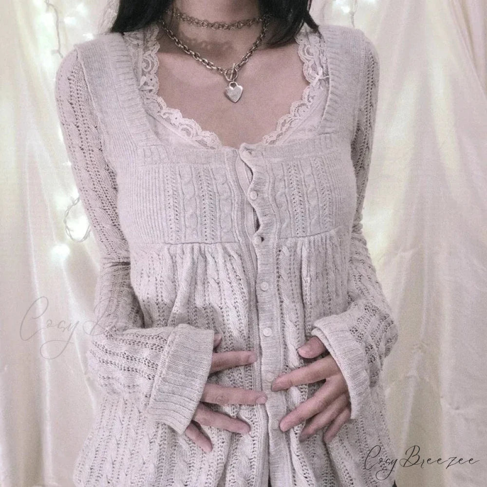 Coquette Knit Babydoll Long Sleeve Knitwear Crop Top WHITE3 / S knittop-250126