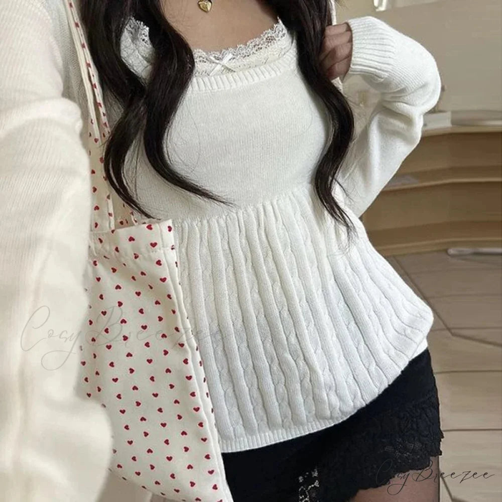 Coquette Knit Babydoll Long Sleeve Knitwear Crop Top WHITE4 / S knittop-250126