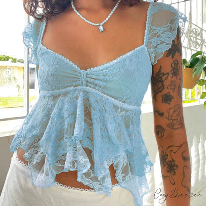 Coquette Lace Sheer Babydoll Vintage Crop Top Blue / S croptop-250126