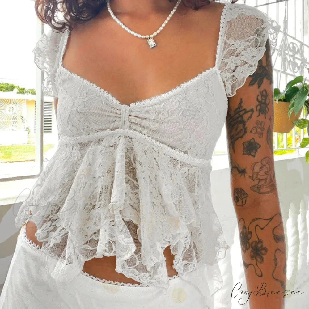 Coquette Lace Sheer Babydoll Vintage Crop Top WHITE / S croptop-250126