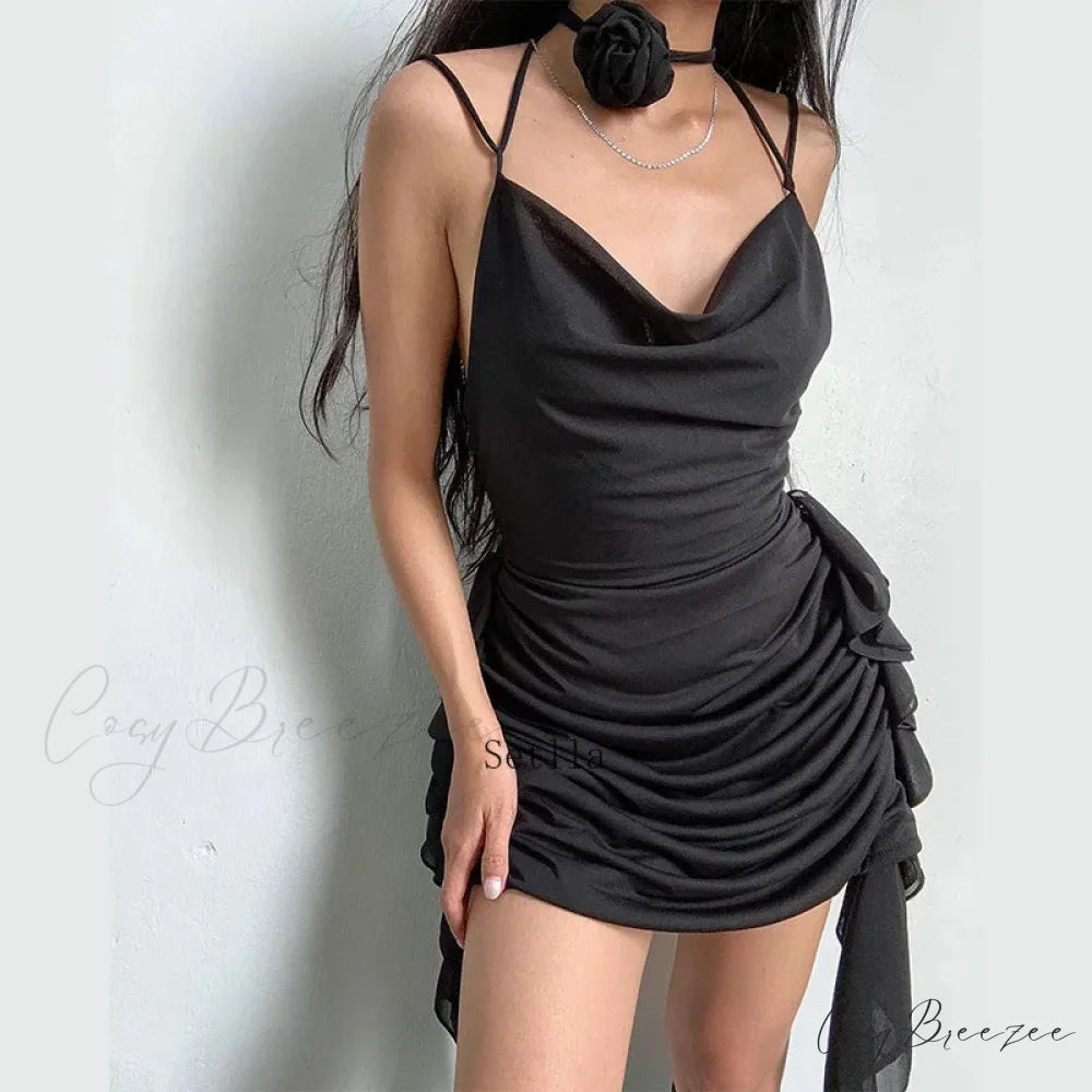 Coquette Ruffle Detail Sleeveless Halter Mini Dress