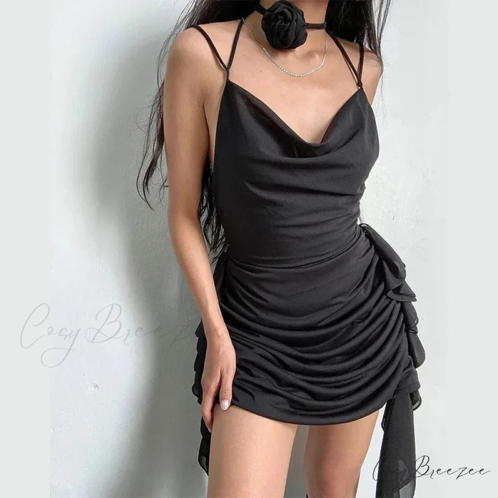 Coquette Ruffle Detail Sleeveless Halter Mini Dress Black / S