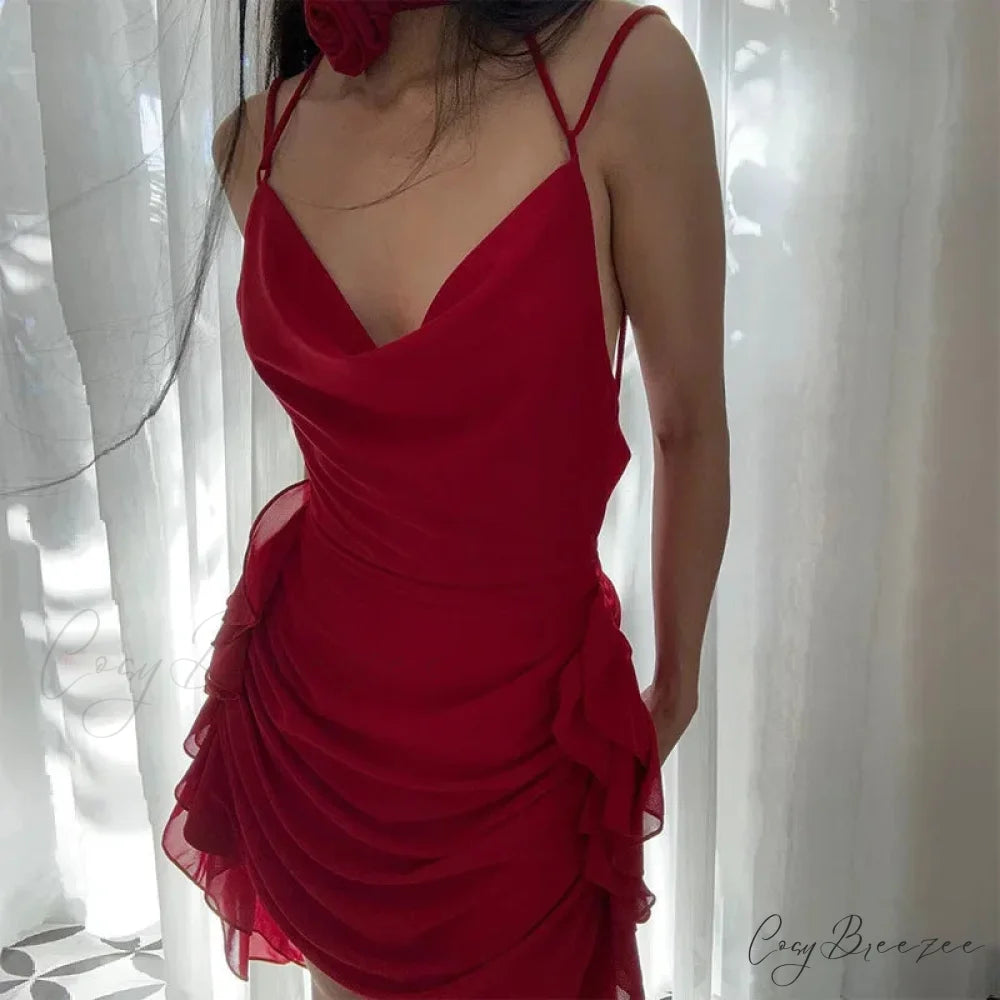 Coquette Ruffle Detail Sleeveless Halter Mini Dress Red / S