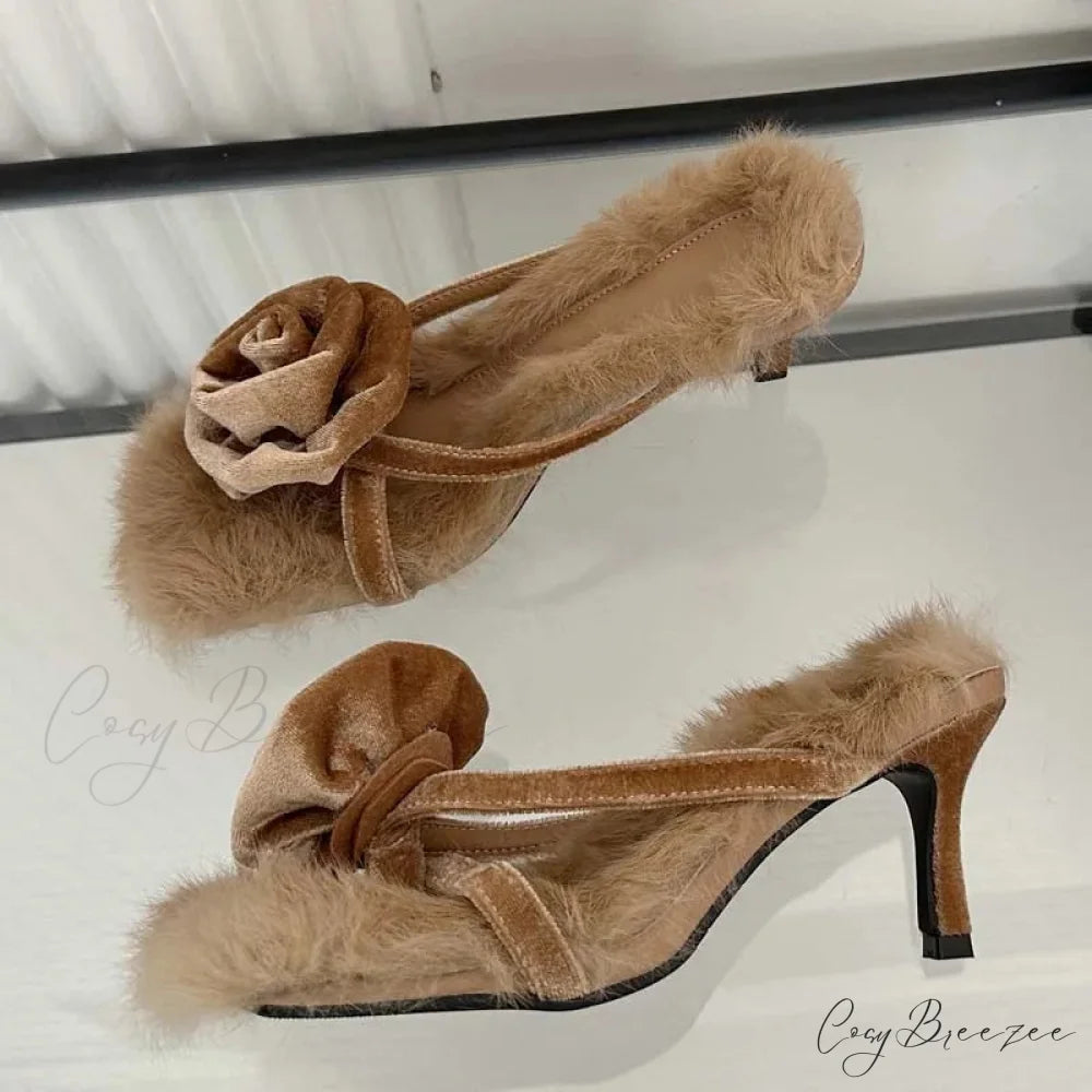 Corduroy Faux Fur Square Toe High Slides Summer Outdoor Low Heel Pump Brown / 35