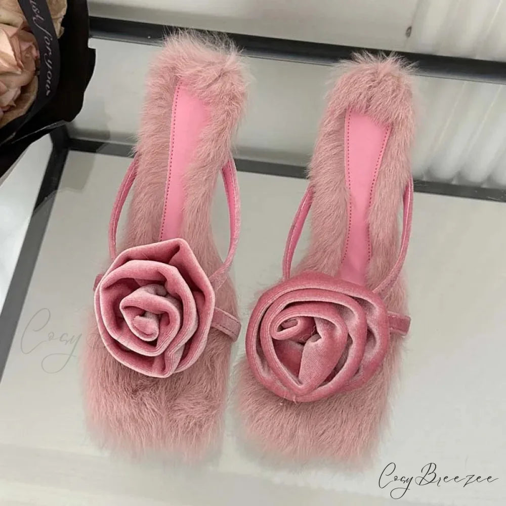 Corduroy Faux Fur Square Toe High Slides Summer Outdoor Low Heel Pump Pink / 35