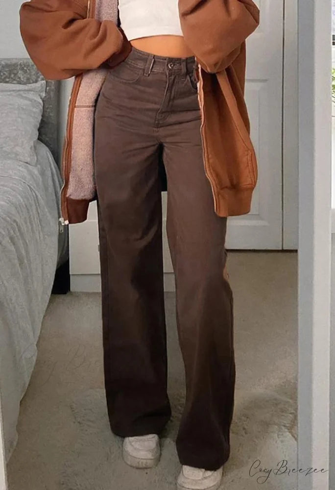 Corduroy Patchwork High Trendy Waist Straight Pants