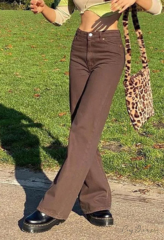 Corduroy Patchwork High Trendy Waist Straight Pants Brown / S