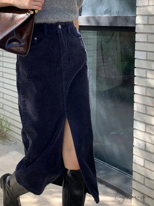 Corduroy Split Graceful Midi Skirt Navy / XS