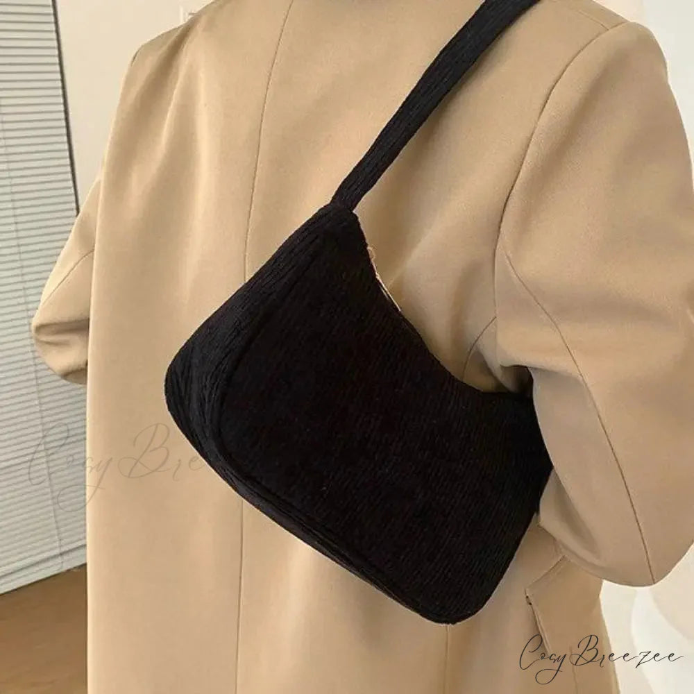 Corduroy Zipper Underarm Handbag Black shoulder-250126