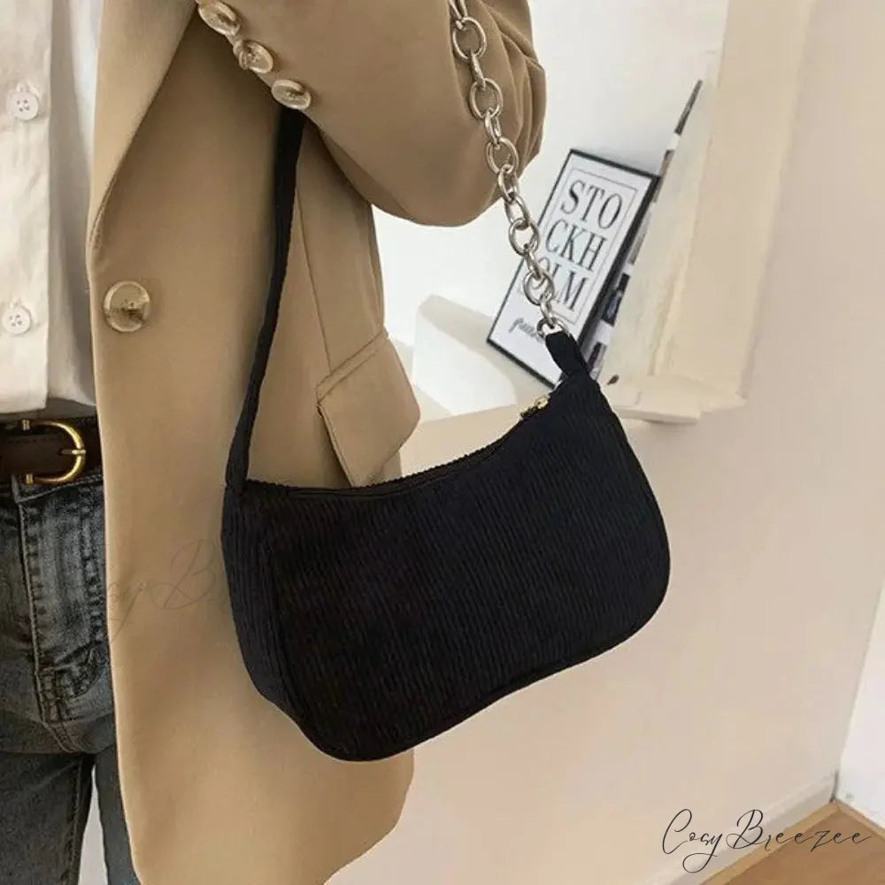 Corduroy Zipper Underarm Handbag Chain-Black shoulder-250126
