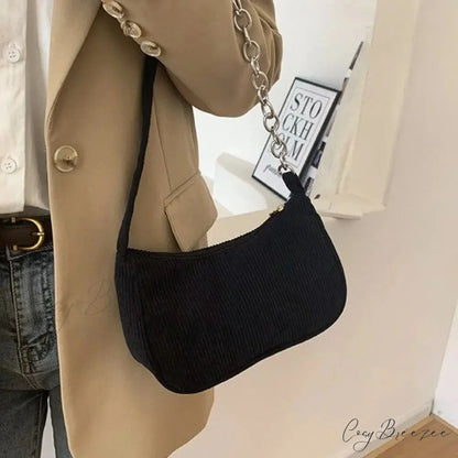 Corduroy Zipper Underarm Handbag Chain-Black shoulder-250126