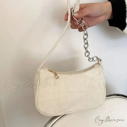 Corduroy Zipper Underarm Handbag Chain-White shoulder-250126