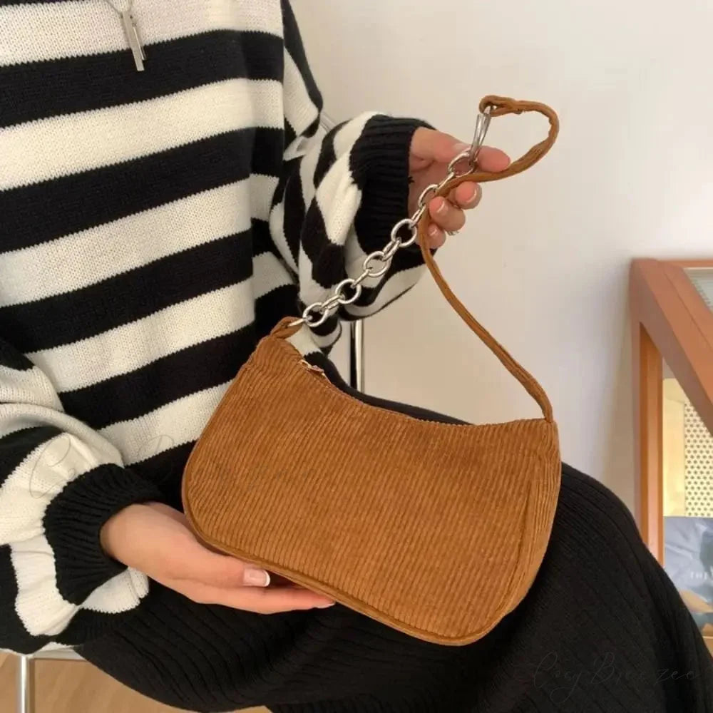Corduroy Zipper Underarm Handbag shoulder-250126