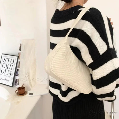 Corduroy Zipper Underarm Handbag White shoulder-250126