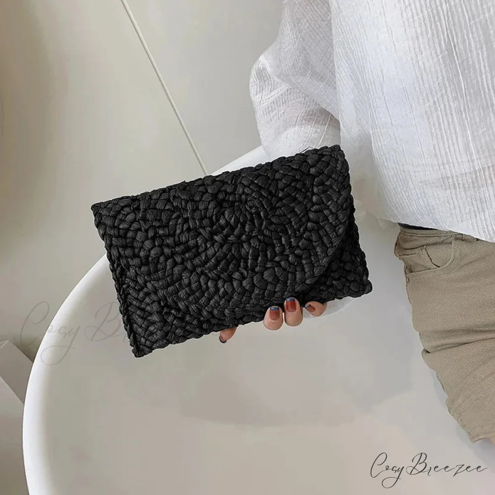Corn Husk Weave Straw Clutch Wristlet black wristlet-250126