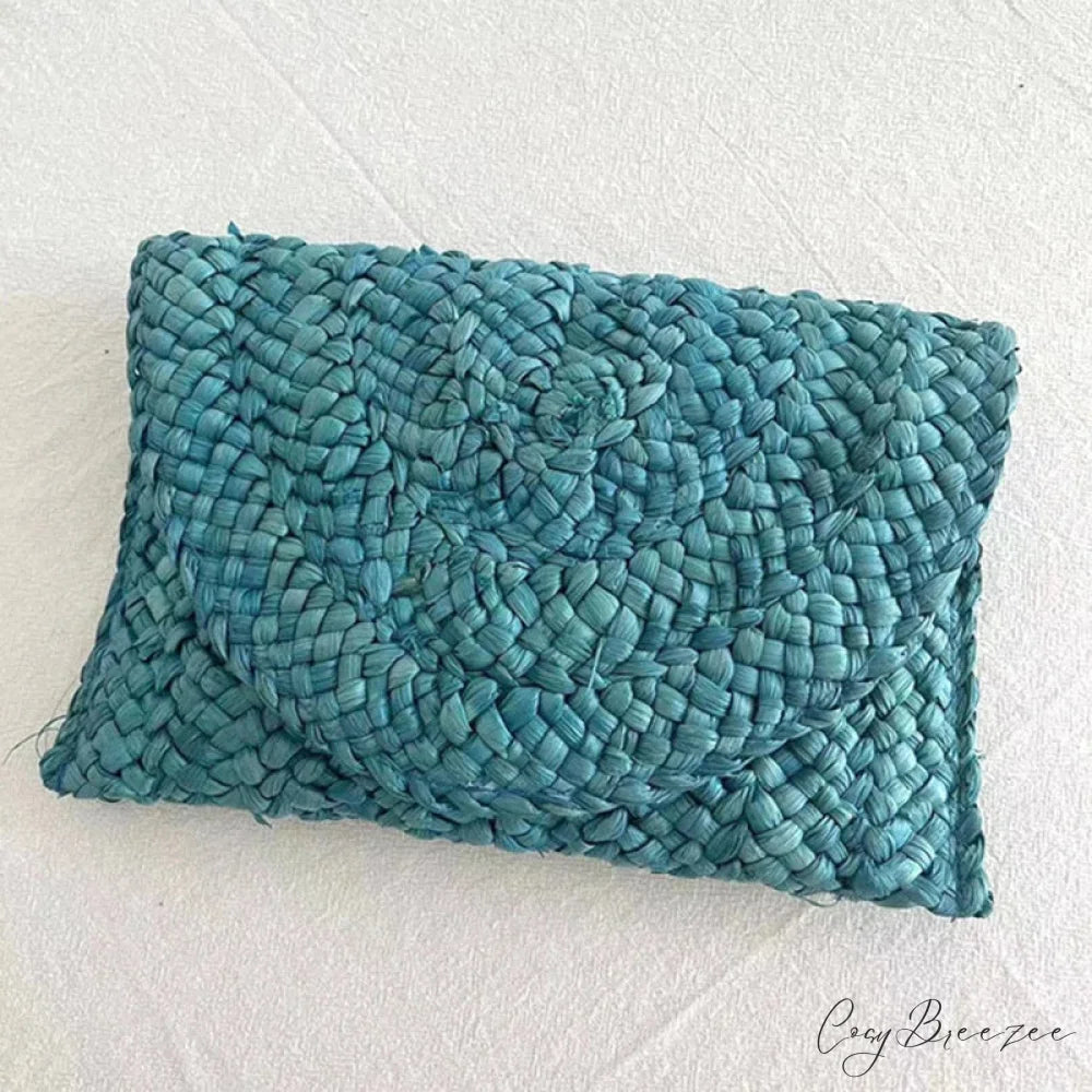 Corn Husk Weave Straw Clutch Wristlet blue wristlet-250126