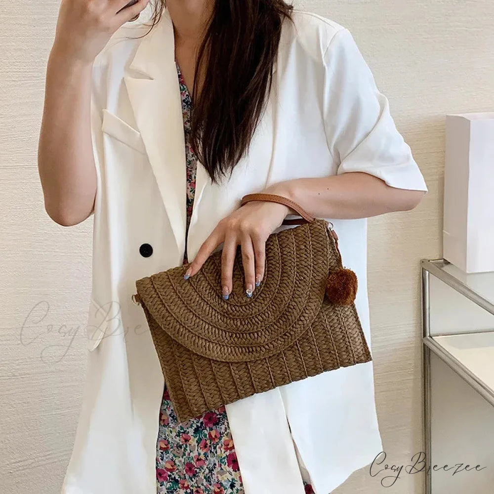 Corn Husk Weave Straw Clutch Wristlet deepbrown wristlet-250126