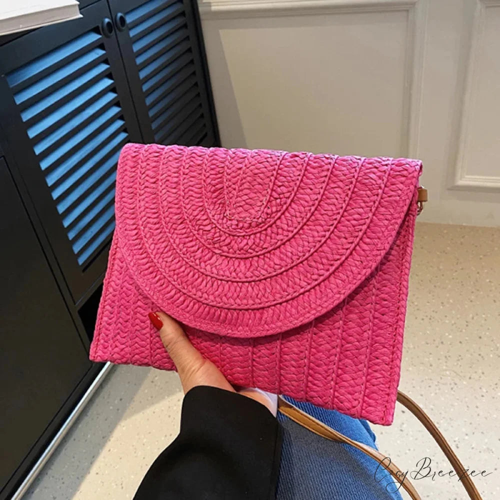 Corn Husk Weave Straw Clutch Wristlet hotpink1 wristlet-250126