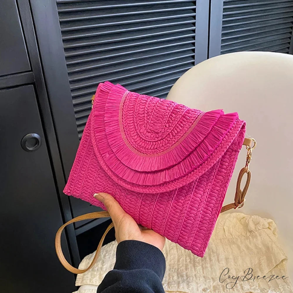 Corn Husk Weave Straw Clutch Wristlet hotpink2 wristlet-250126