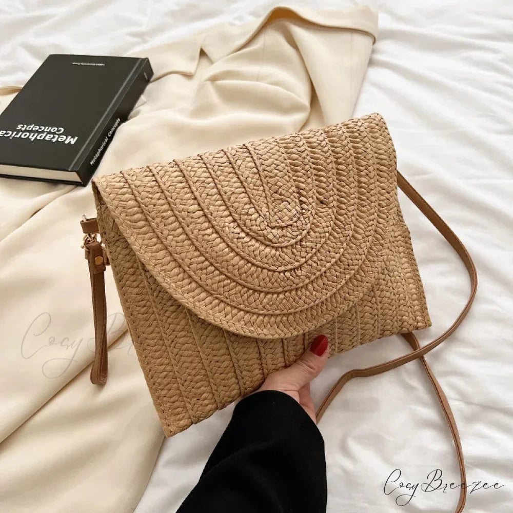 Corn Husk Weave Straw Clutch Wristlet khaki wristlet-250126