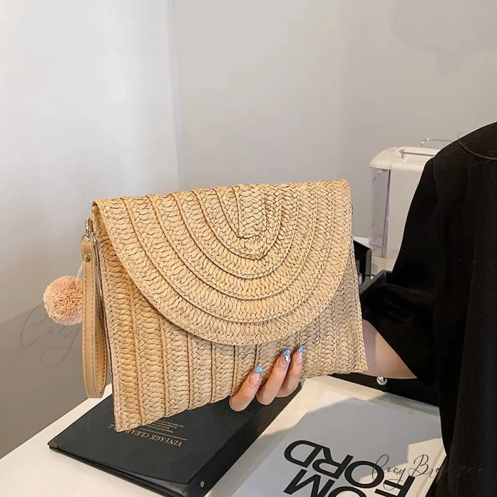 Corn Husk Weave Straw Clutch Wristlet lightbrown wristlet-250126