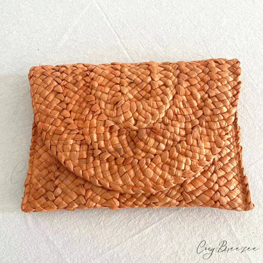 Corn Husk Weave Straw Clutch Wristlet orange wristlet-250126