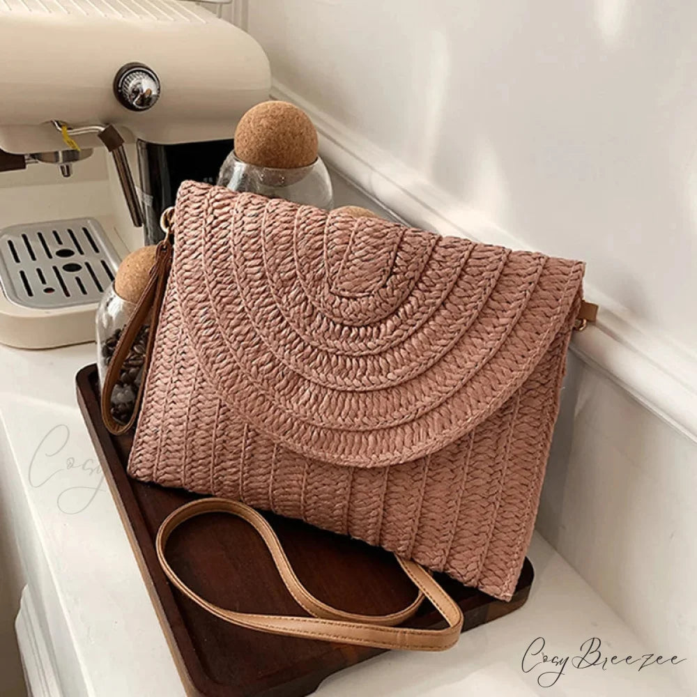 Corn Husk Weave Straw Clutch Wristlet pink wristlet-250126
