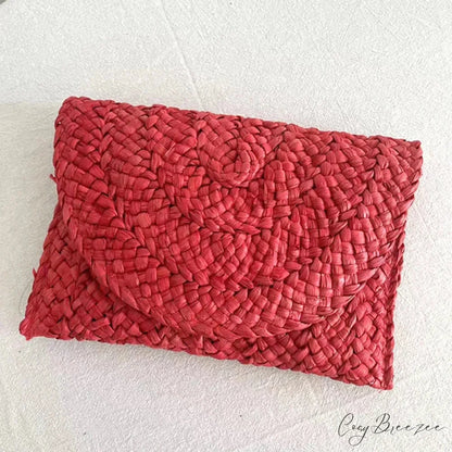 Corn Husk Weave Straw Clutch Wristlet red wristlet-250126
