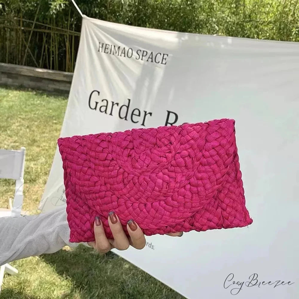 Corn Husk Weave Straw Clutch Wristlet rose wristlet-250126