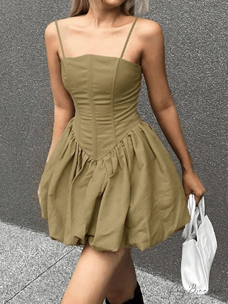 Corset Detail Black Trendy Long Sleeve Mini Dress Khaki / S