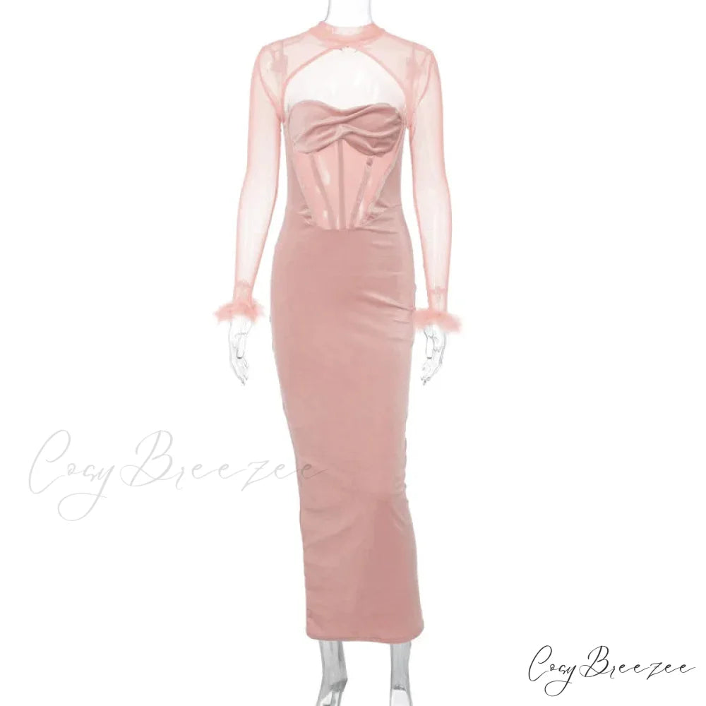 Corset Mesh See Through Maxi Dress Pink / S