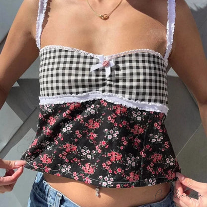 Cottage Floral Plaid Patchwork Y2K Lace Trim Backless Tie Up Retro Vest Crop Top BLACK / S croptop-250126