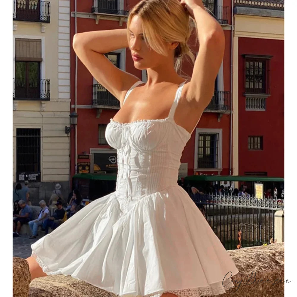 Cottagecore Grunge Lace Corset Mini Dress WHITE / S
