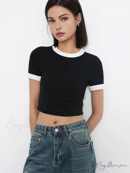 Cotton Contrast Graceful Trim Cropped Top Black / S