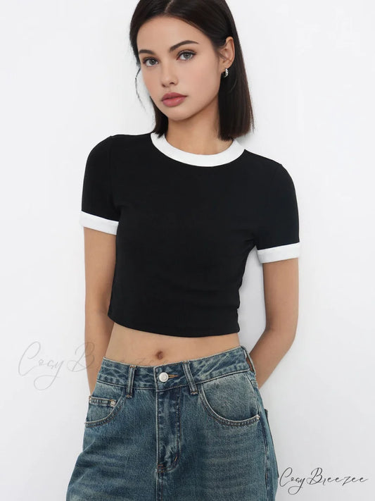 Cotton Contrast Graceful Trim Cropped Top Black / S