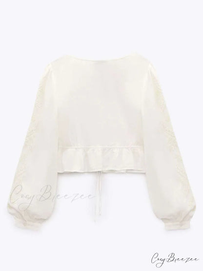 Cotton Embroidered Women’s Crop Arm Drape V-neck Long Retro Sweet Top