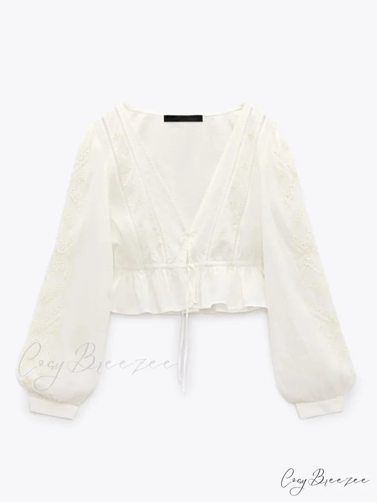 Cotton Embroidered Women’s Crop Arm Drape V-neck Long Retro Sweet Top