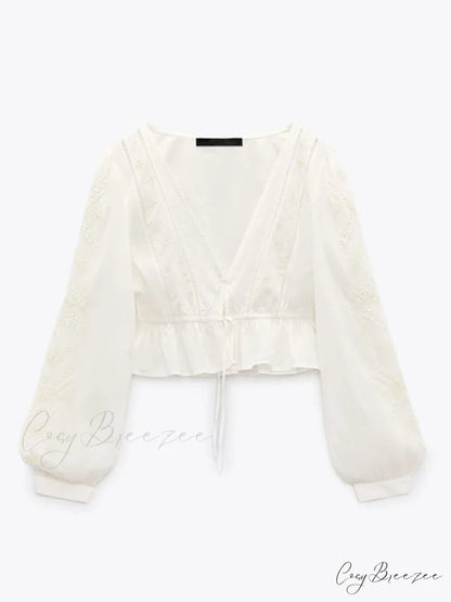 Cotton Embroidered Women’s Crop Arm Drape V-neck Long Retro Sweet Top